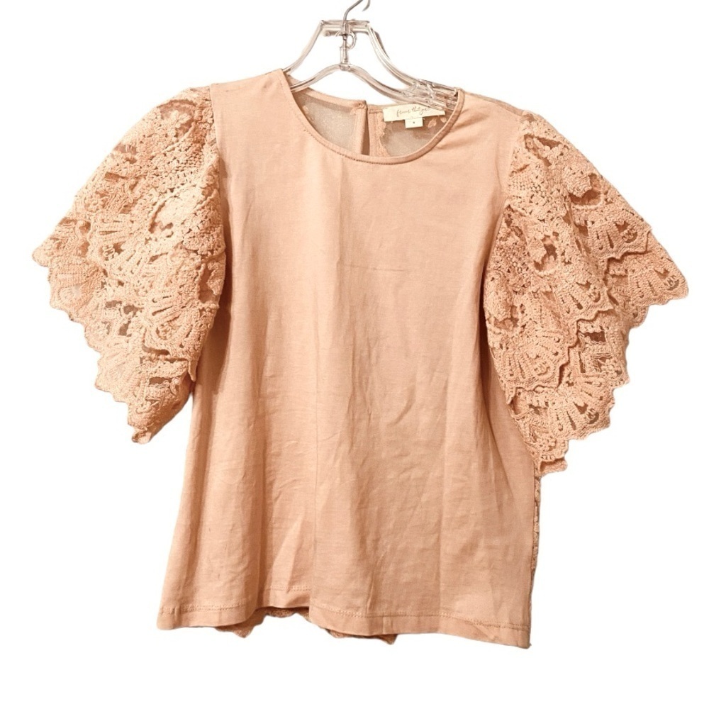 Forever That Girl for Anthropologie Pink Rose Lace Grace Tiered Cotton Blouse